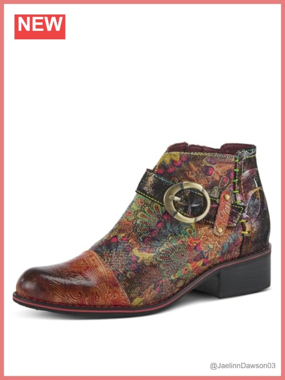 Hand-Painted Ankle Booties with Zipper Closure Leather Floral Embossed